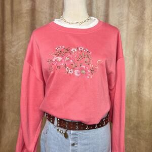 Vintage 90s Floral Embroidered Sweatshirt Sweater Crewneck Pink Cottage Easter